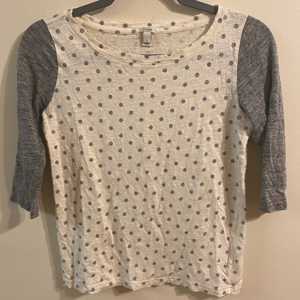 Womens‎ J. Crew Gray White Polka Dot 3/4 Sleeve Round Neck T-Shirt Size Small